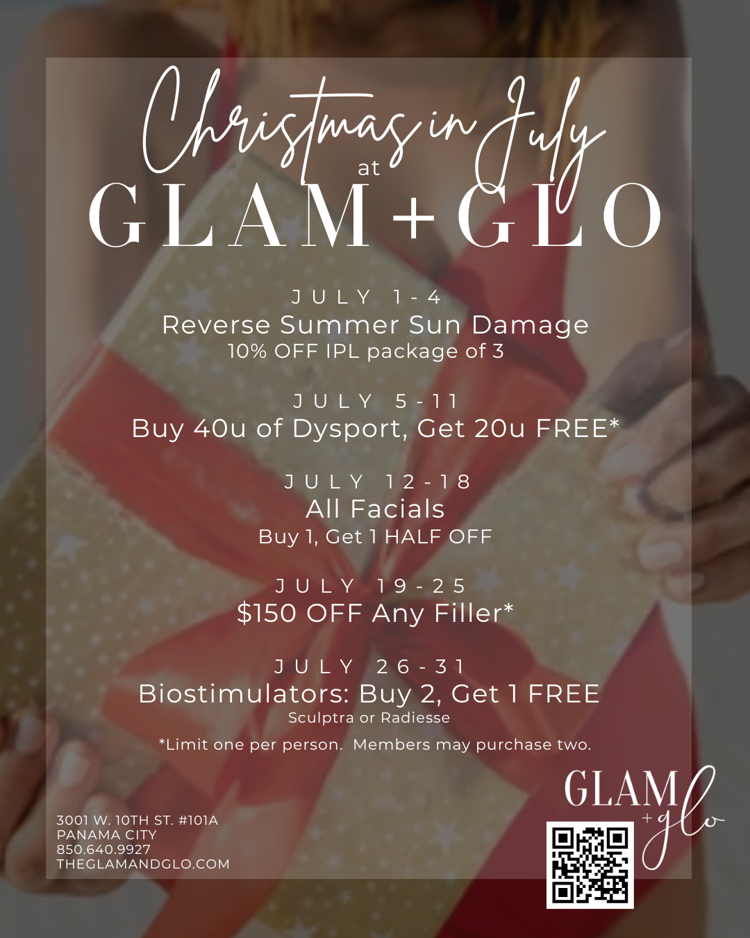 Summer treatment at Glam + Glo medical aesthetics — Christmas in July promotion, Panama City Beach / Gulfport MS